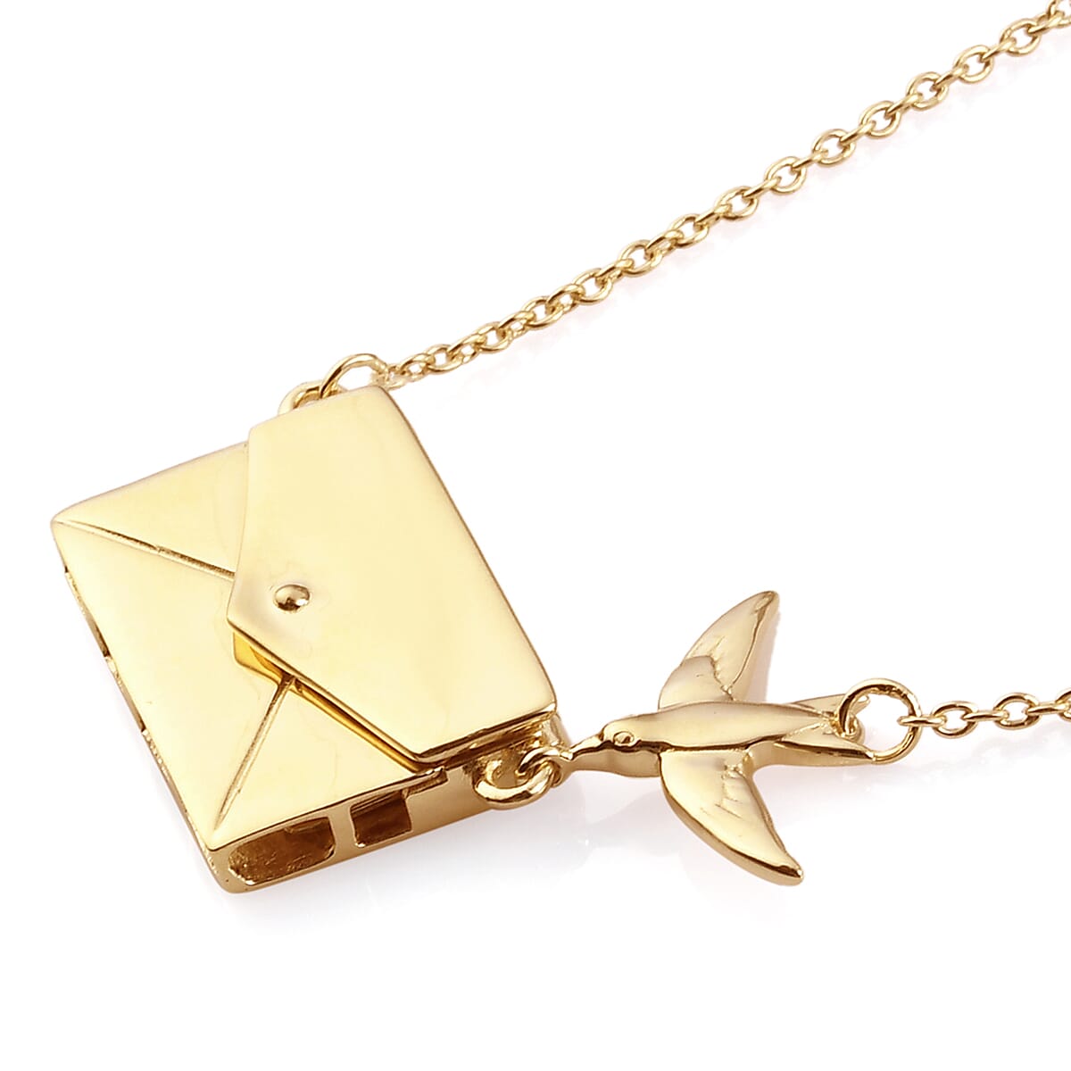 Secret Message Envelope Necklace with Bird in Gold Plated Silver Size 20 Inch