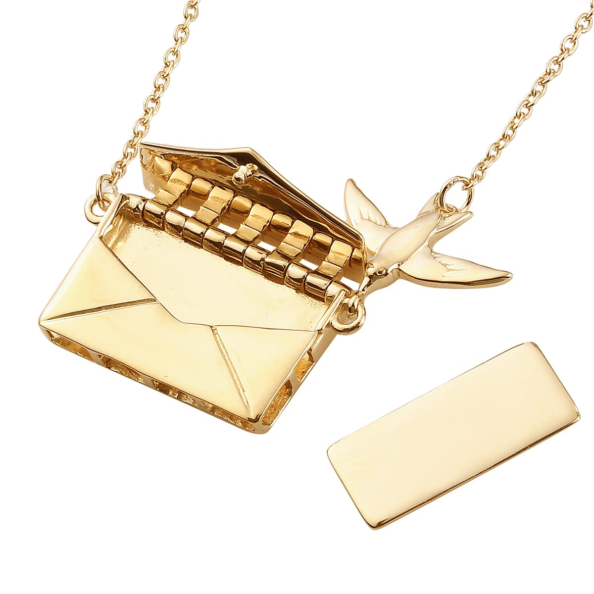 Secret Message Envelope Necklace with Bird in Gold Plated Silver Size 20 Inch