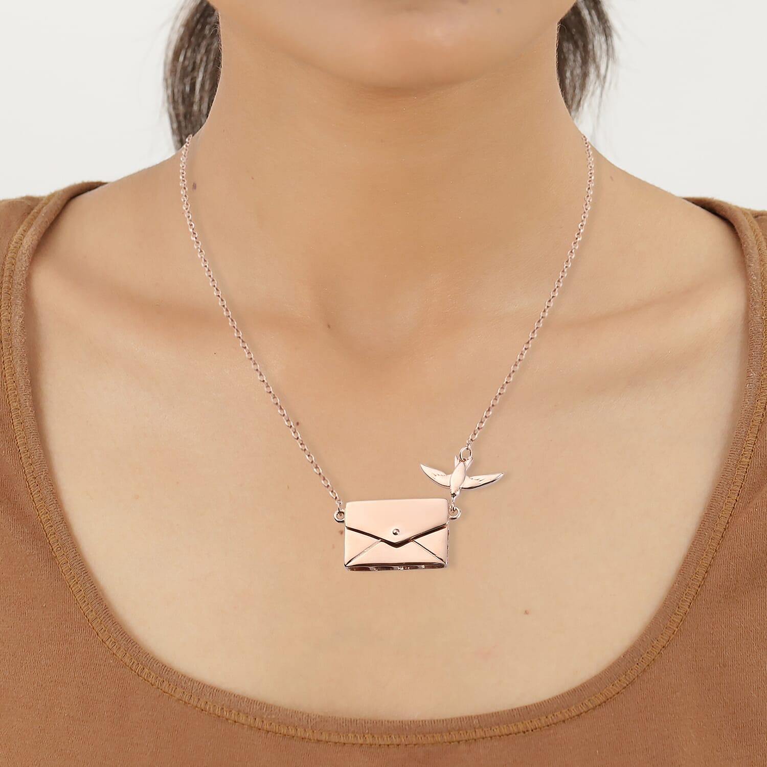 Secret Message Envelope Necklace with Bird in Rose Gold Plated Silver Size 20 Inch