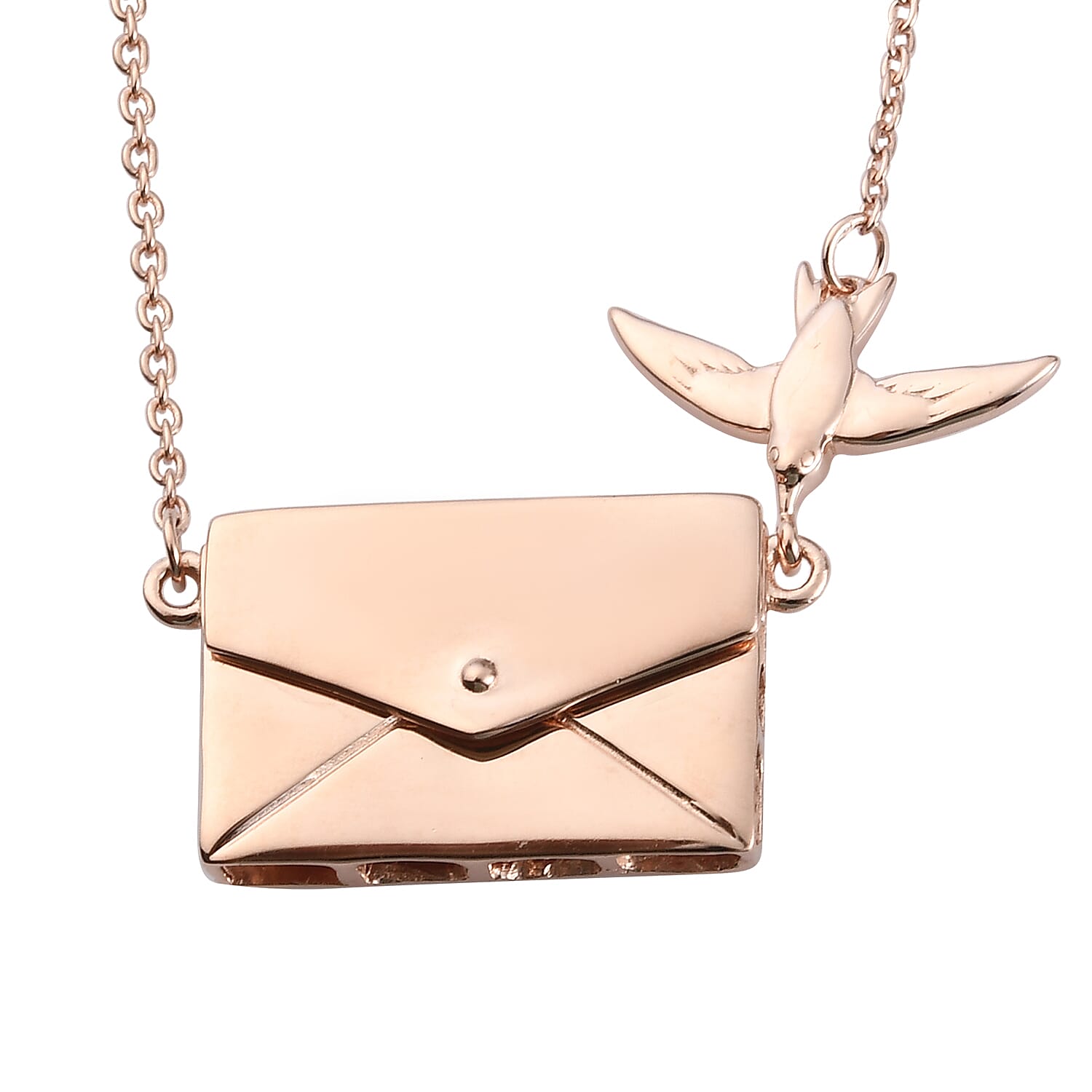 Secret Message Envelope Necklace with Bird in Rose Gold Plated Silver Size 20 Inch