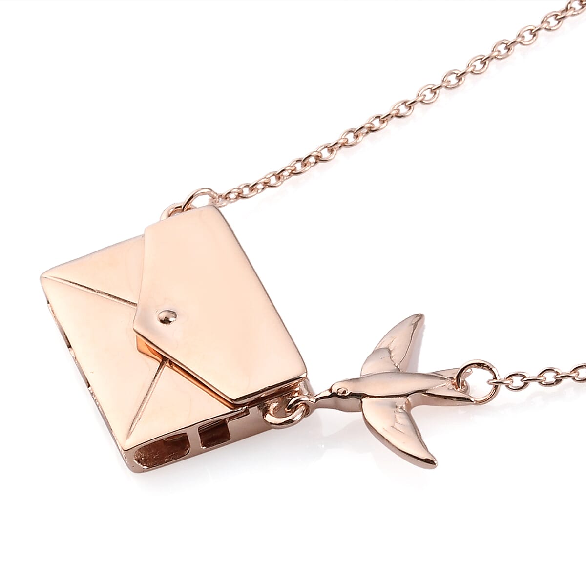 Secret Message Envelope Necklace with Bird in Rose Gold Plated Silver Size 20 Inch