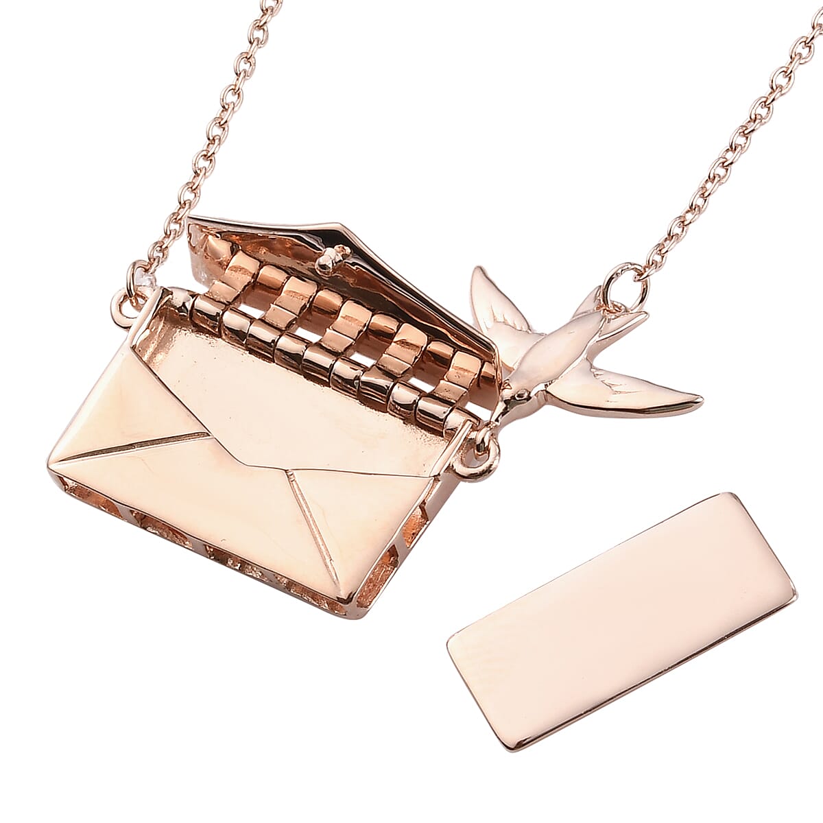 Secret Message Envelope Necklace with Bird in Rose Gold Plated Silver Size 20 Inch