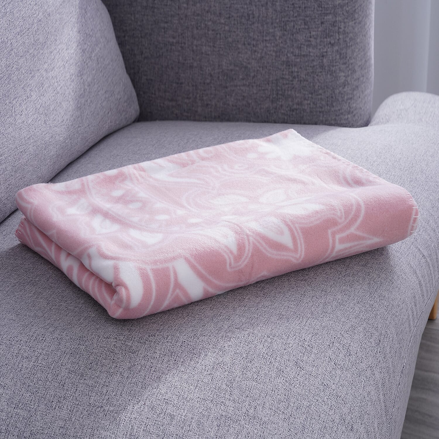 Fleece Printed Blanket with Horse Stitching (Size: 130x170cm) - Dusty Pink & White