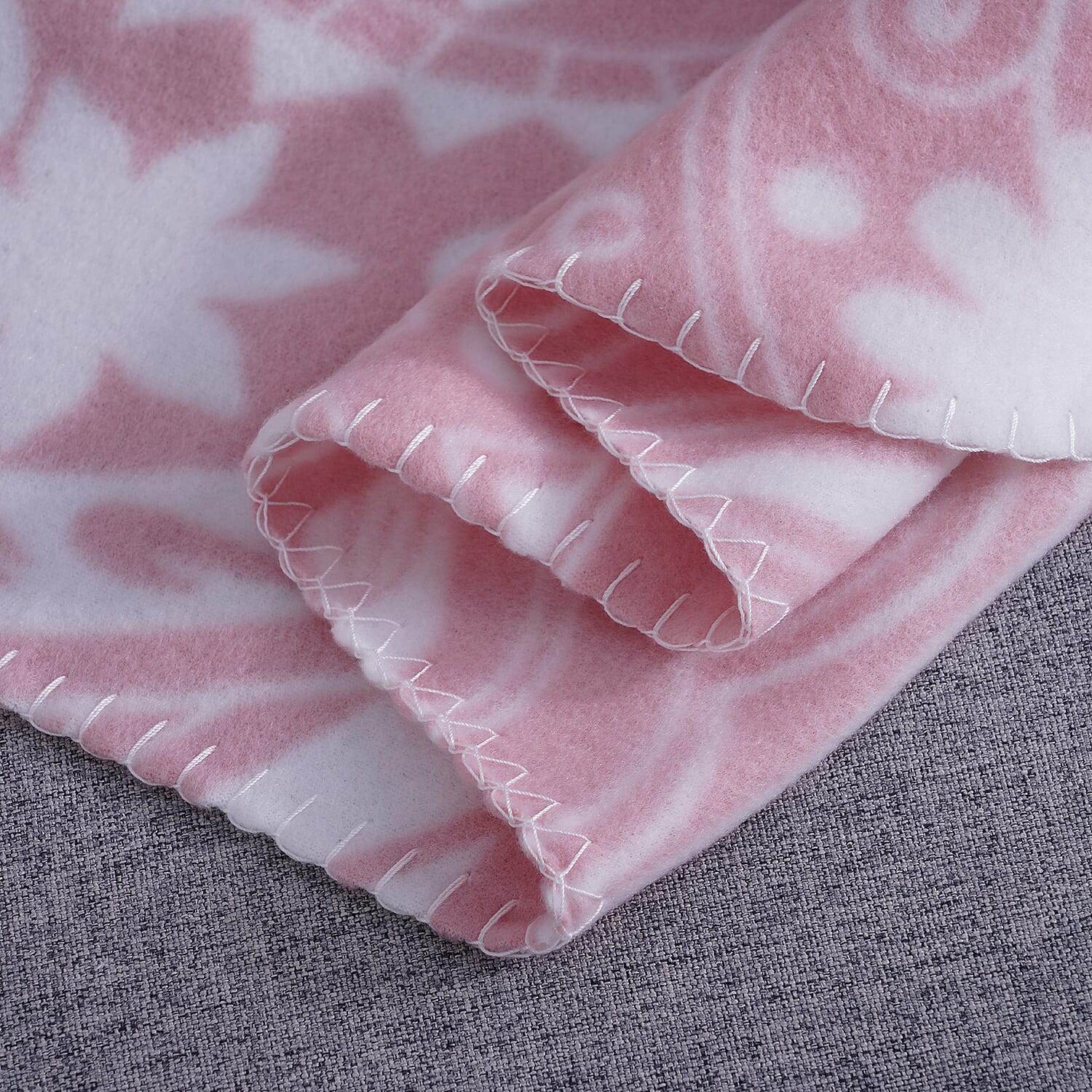 Fleece Printed Blanket with Horse Stitching (Size: 130x170cm) - Dusty Pink & White
