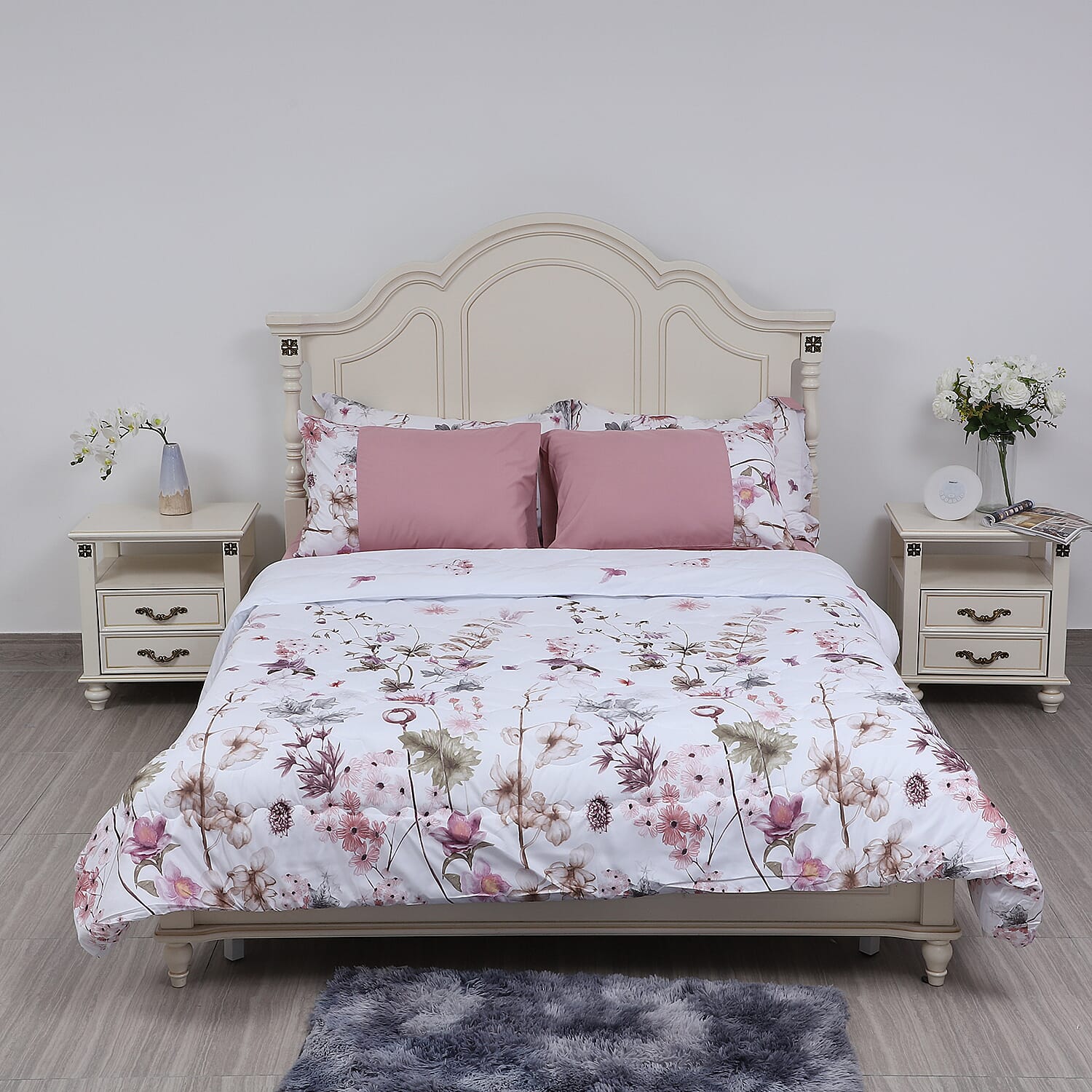 6 Piece Set - Floral Pattern Comforter Fitted Sheet  2 Pillow Case and 2 Envelope Pillow Case - White & Dusty Pink 