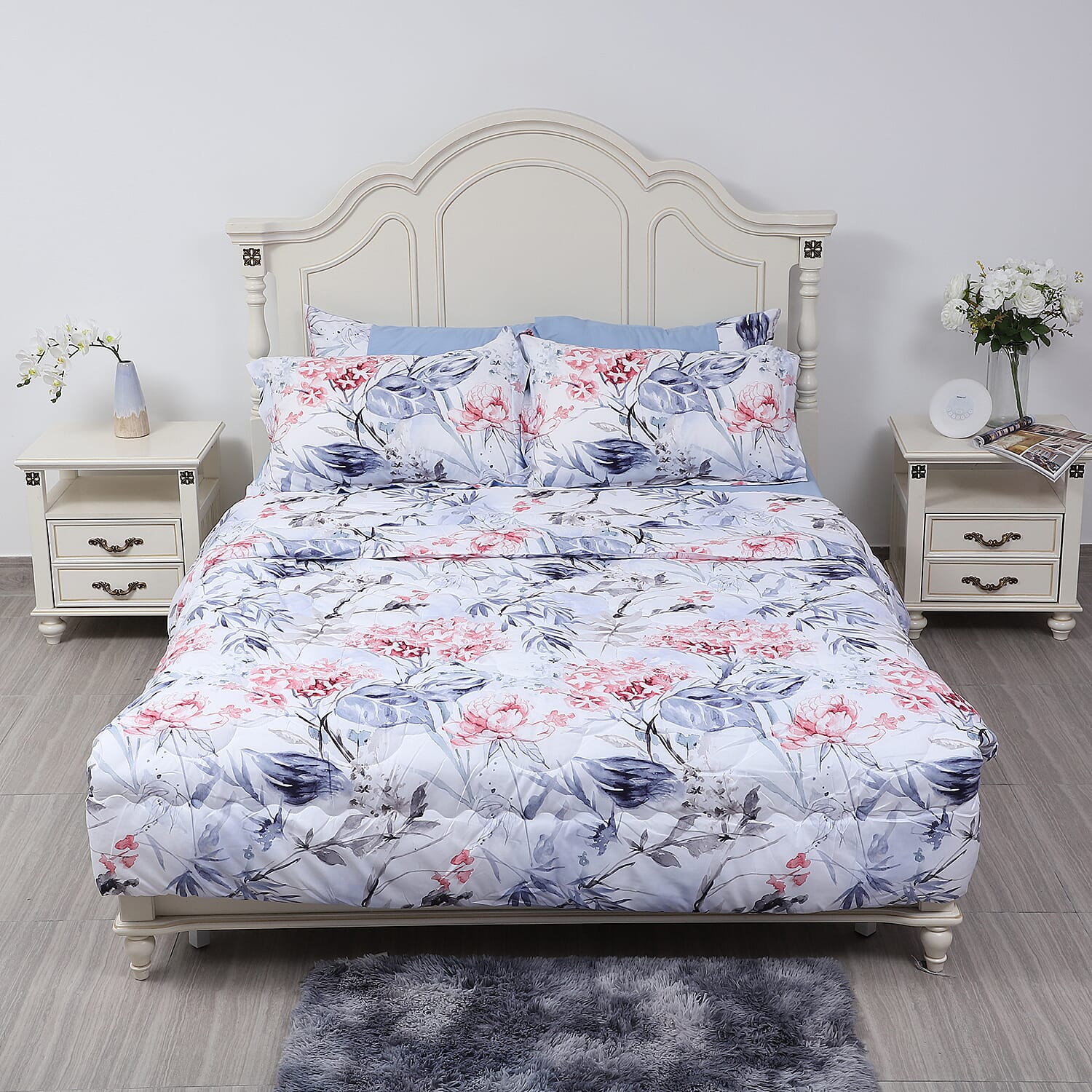 6 Piece Set - Floral Pattern Comforter Fitted Sheet  2 Pillow Case and 2 Envelope Pillow Case - White & Dusty Pink 