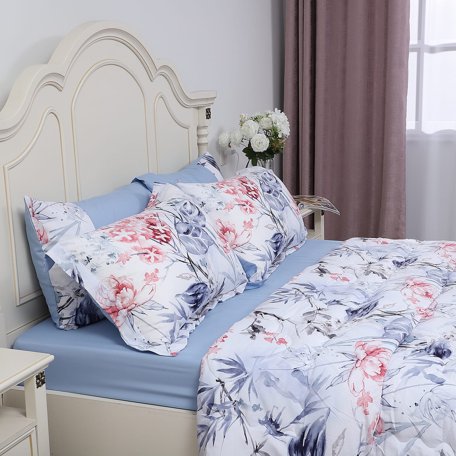 6 Piece Set - Floral Pattern Comforter Fitted Sheet  2 Pillow Case and 2 Envelope Pillow Case - White & Dusty Pink 