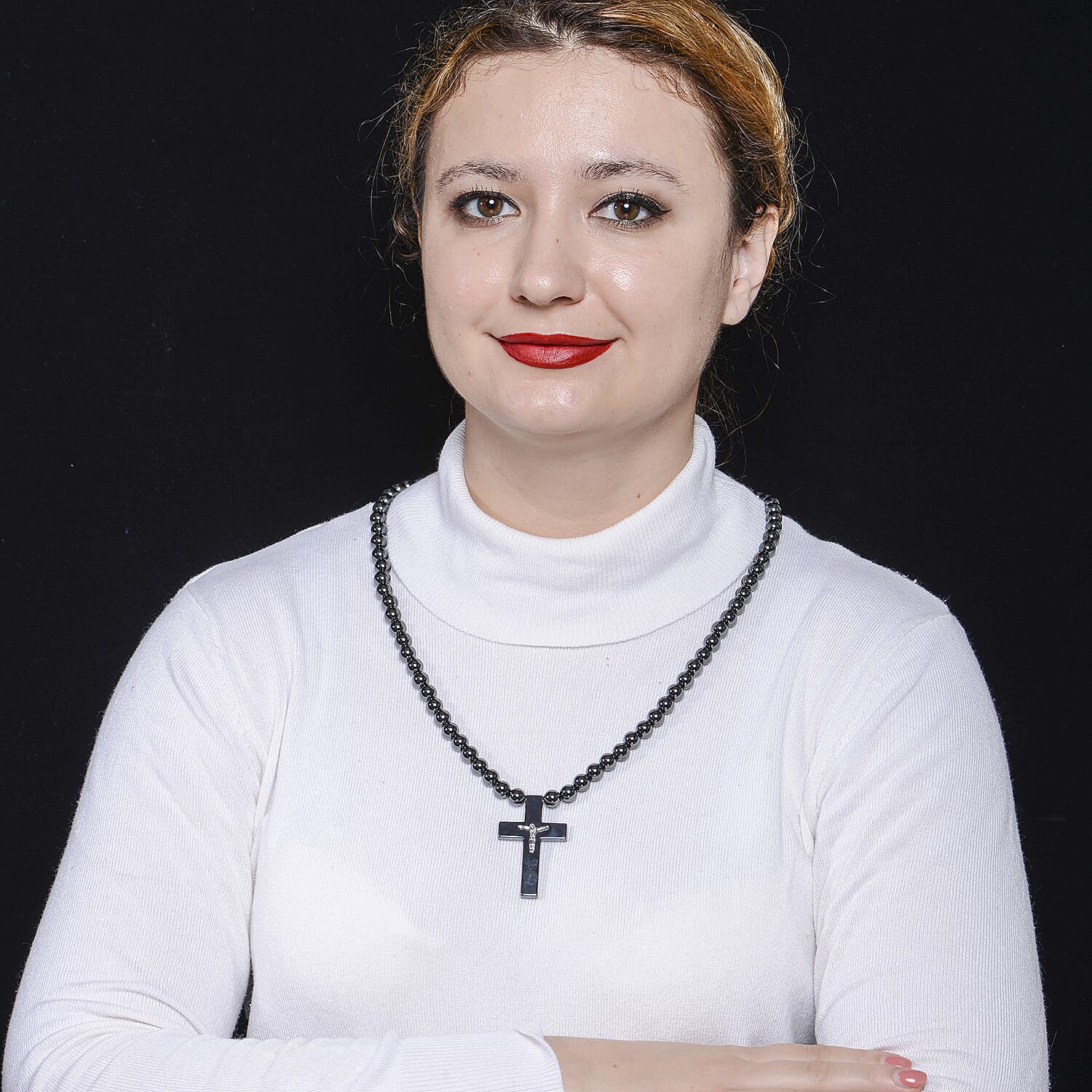 Hematite Beads Cross Charm Necklace (Size 26) with Magnetic Lock 645.50 Ct.