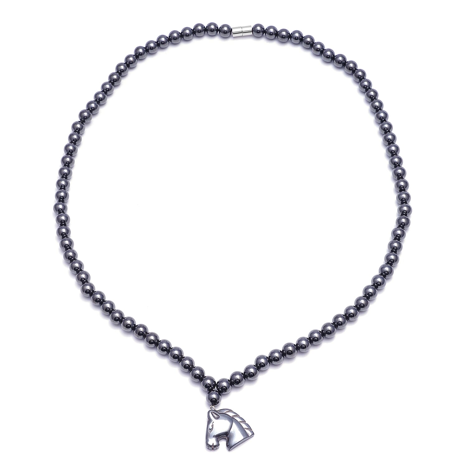 Hematite Beads Horse Charm Necklace (Size 26) with Magnetic Lock 630.00 Ct.