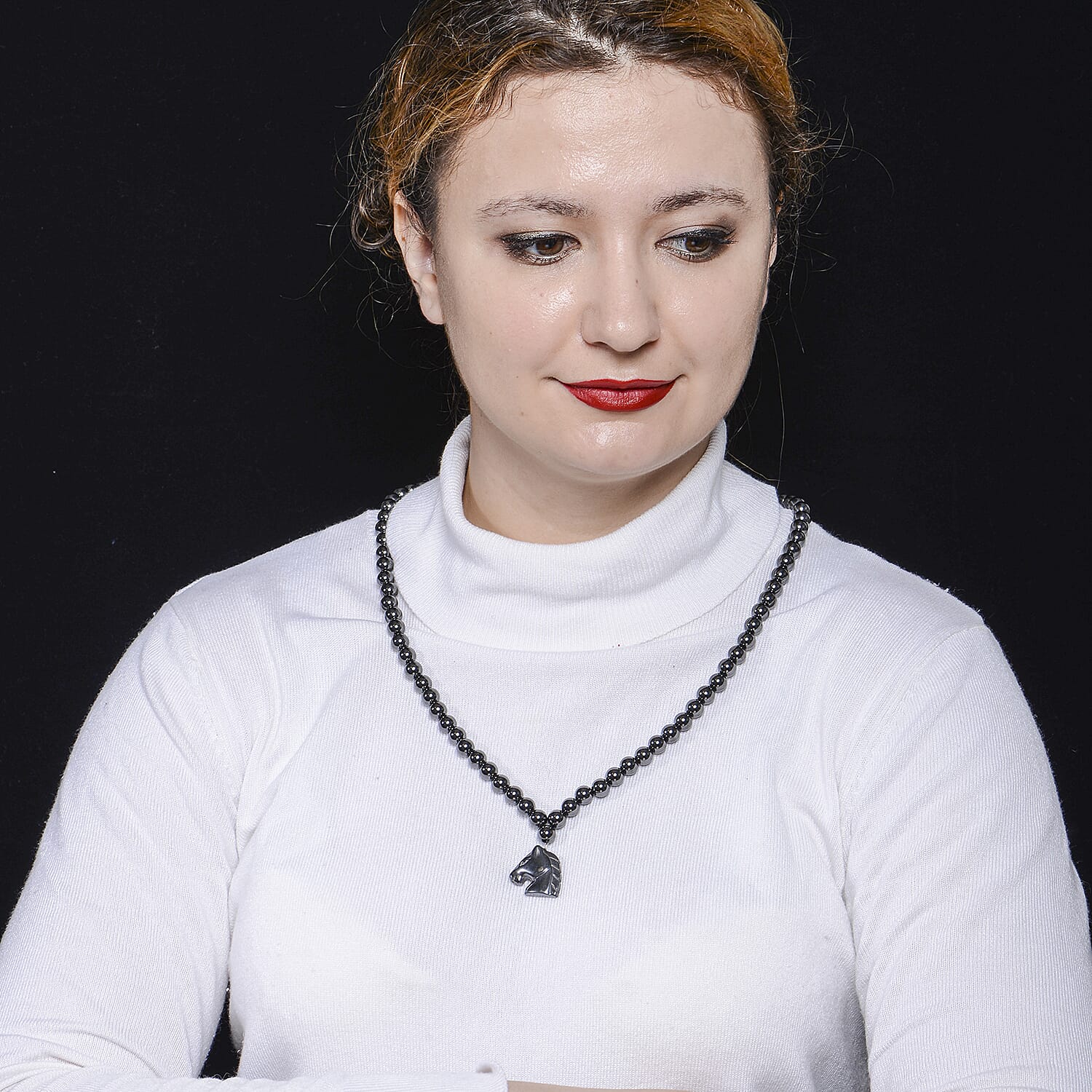 Hematite Beads Horse Charm Necklace (Size 26) with Magnetic Lock 630.00 Ct.