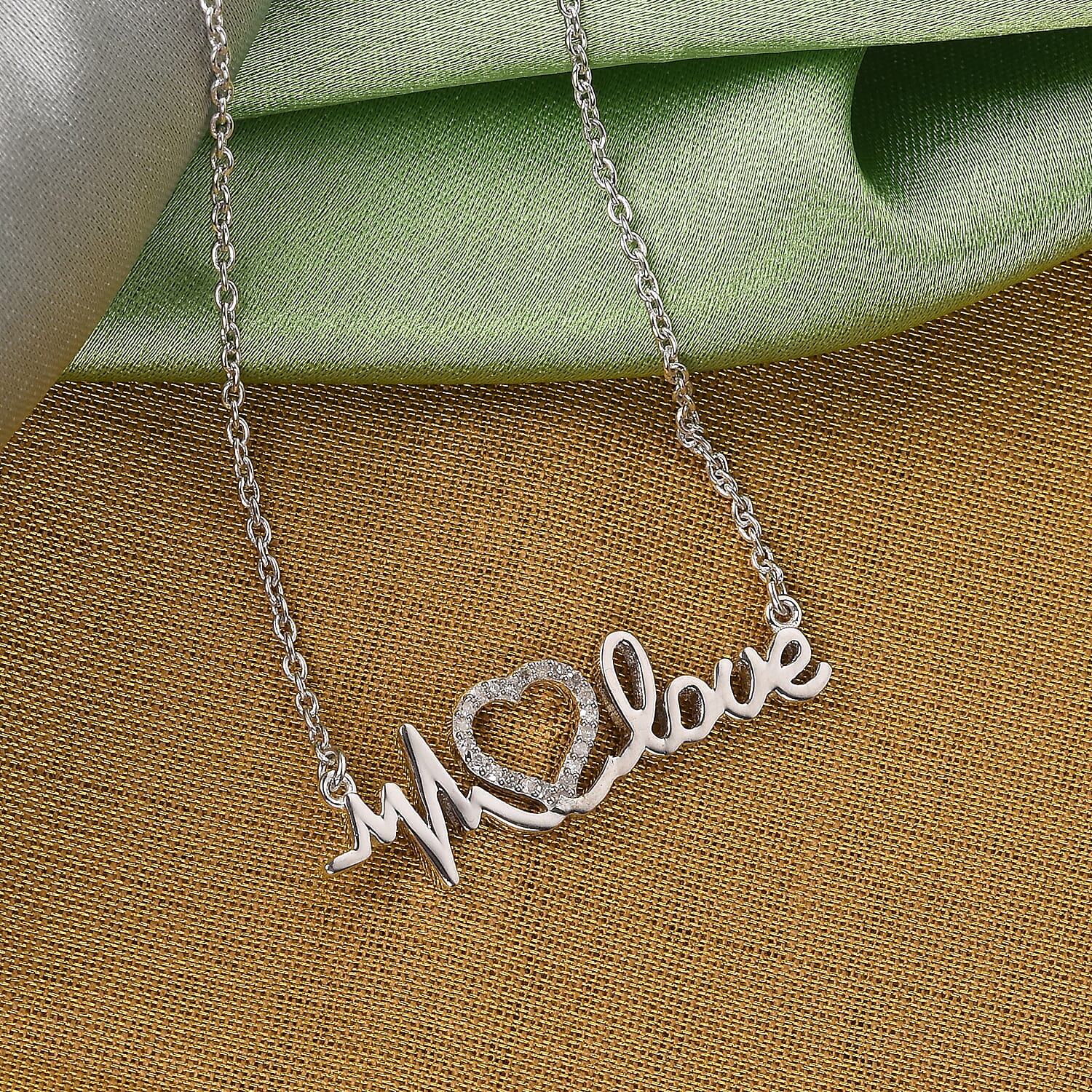 Diamond Heart and Heartbeat Necklace (Size 18) in Platinum Overlay Sterling Silver