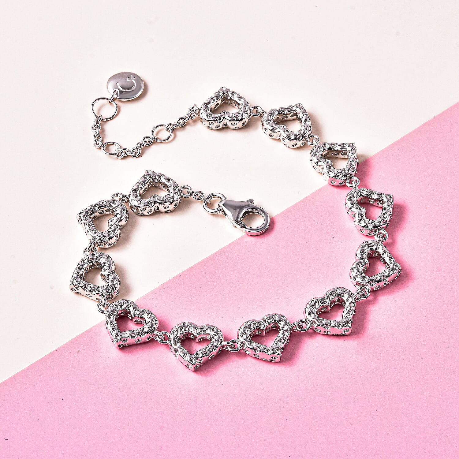 RACHEL GALLEY Amore Collection- Rhodium Overlay Sterling Silver Heart Bracelet (Size 8), Silver Wt 15.33 Gms