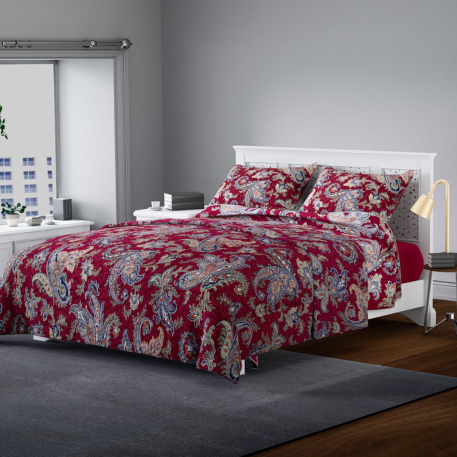 3 Piece Set - Microfiber Paisley Floral Printed Quilt and 2 Pillow Case - Burgundy and Multi