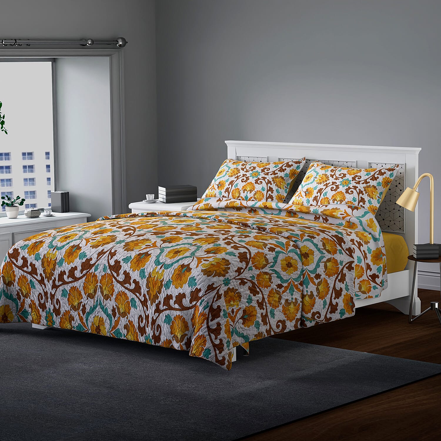 3 Piece Set - Microfibre Floral Printed Quilt (240x260Cm) and 2 Pillow Case (50x70Cm) - Yellow
