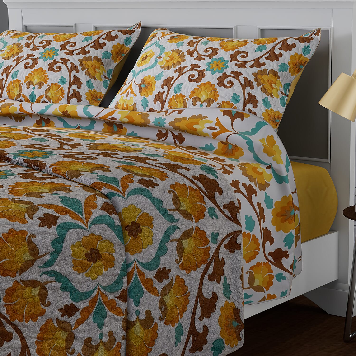 3 Piece Set - Microfibre Floral Printed Quilt (240x260Cm) and 2 Pillow Case (50x70Cm) - Yellow