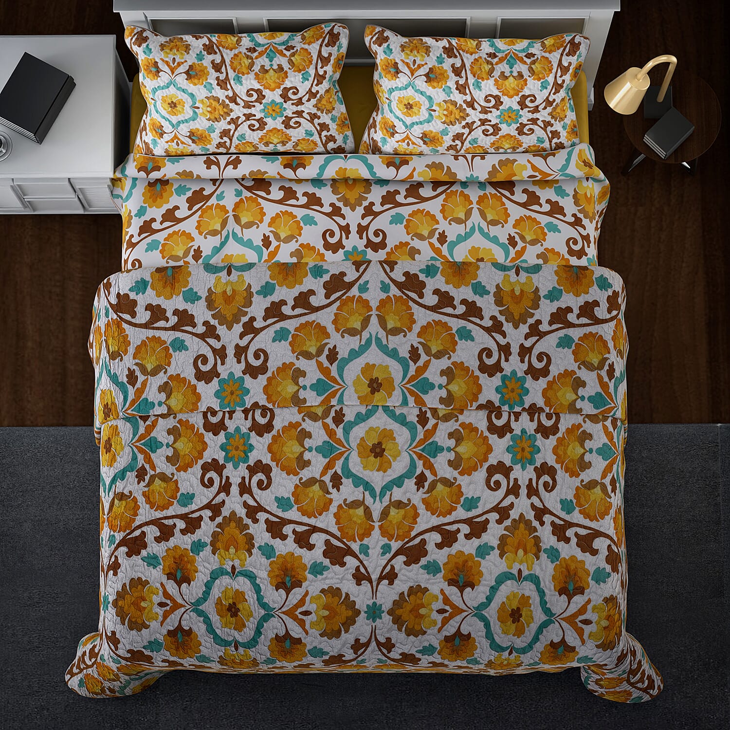 3 Piece Set - Microfibre Floral Printed Quilt (240x260Cm) and 2 Pillow Case (50x70Cm) - Yellow
