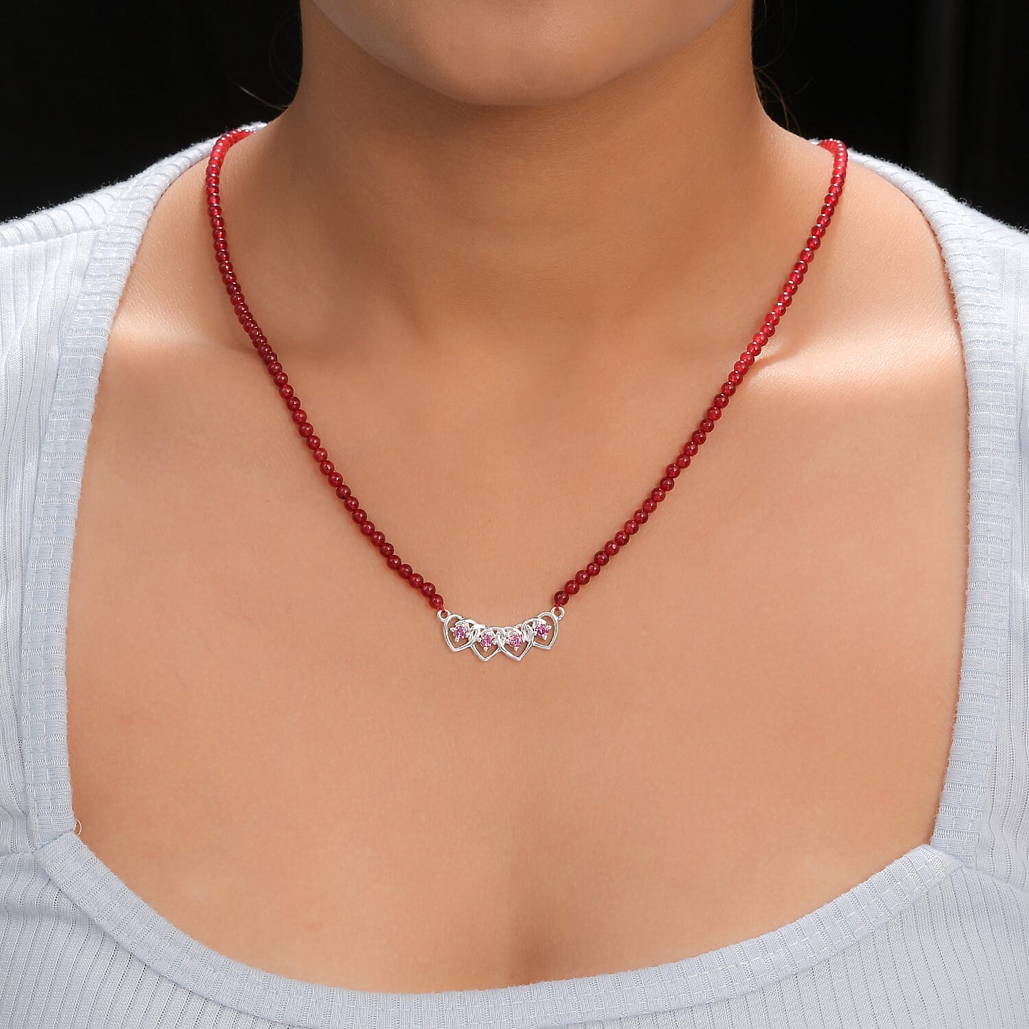 Lotus Garnet and Red Quartzite Beads Necklace (Size 18) in Stainless Steel and Sterling Silver 12.24 Ct.
