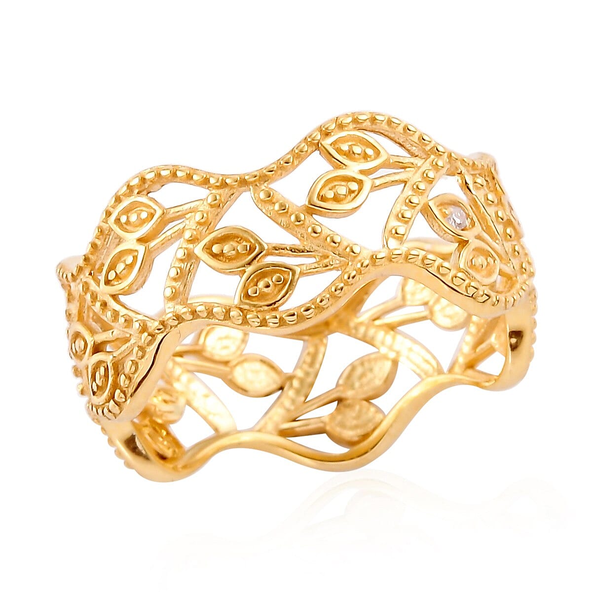 White Diamond Leaf Vine Ring in 14K Gold Overlay Sterling Silver