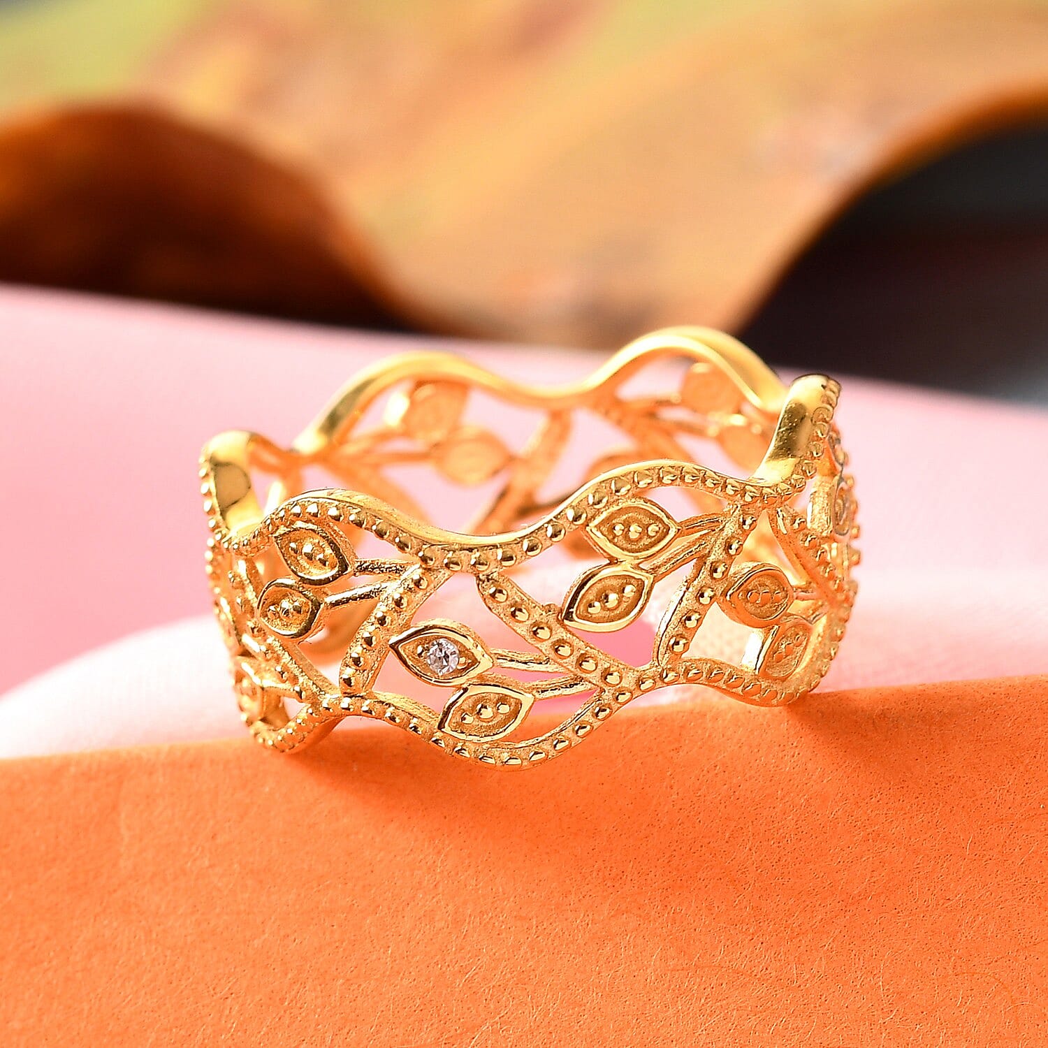White Diamond Leaf Vine Ring in 14K Gold Overlay Sterling Silver