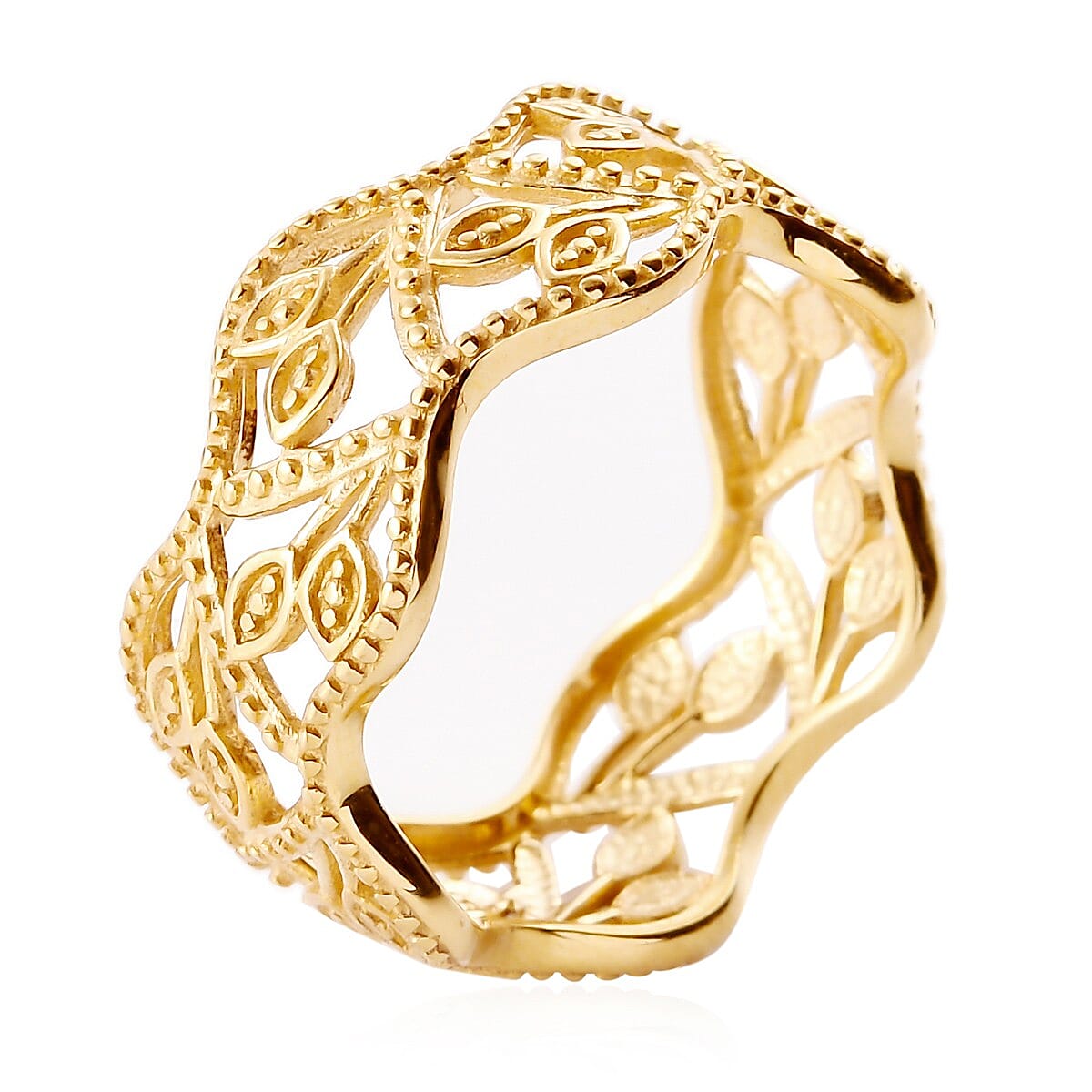 White Diamond Leaf Vine Ring in 14K Gold Overlay Sterling Silver