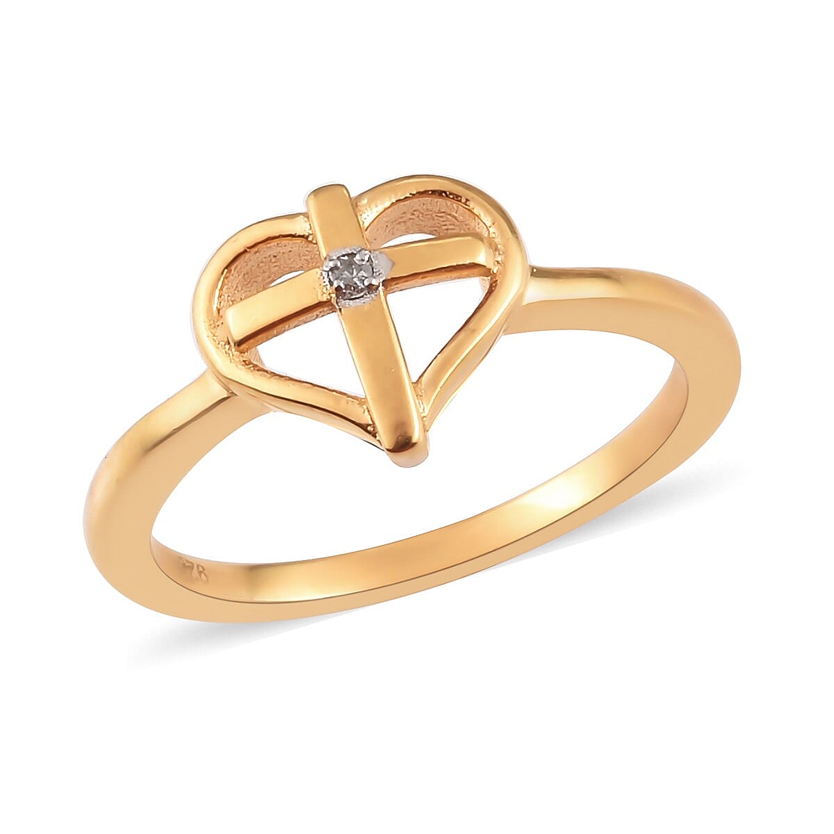 White Diamond Heart with Cross Ring in 14K Gold Overlay Sterling Silver