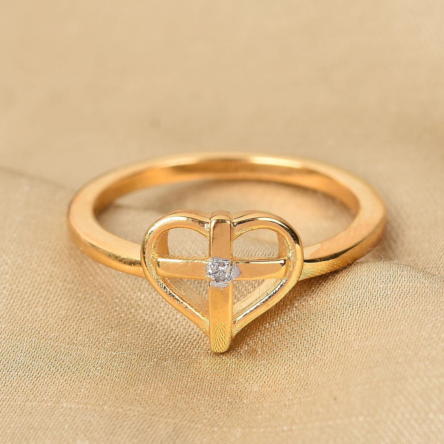 White Diamond Heart with Cross Ring in 14K Gold Overlay Sterling Silver