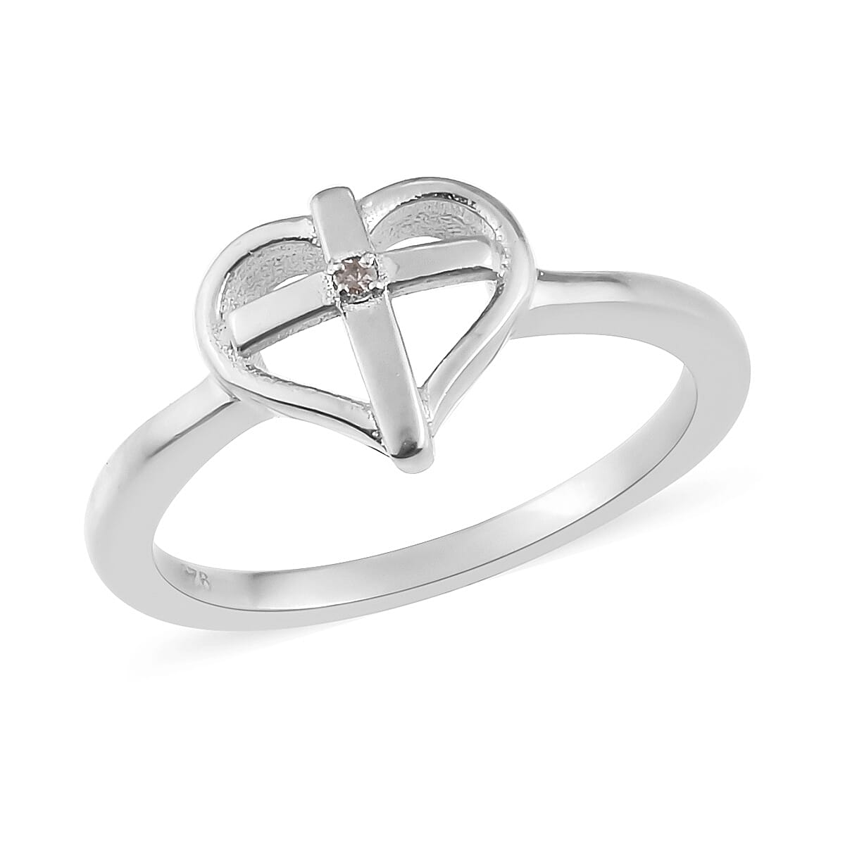 Diamond Heart with Cross Ring in Platinum Overlay Sterling Silver
