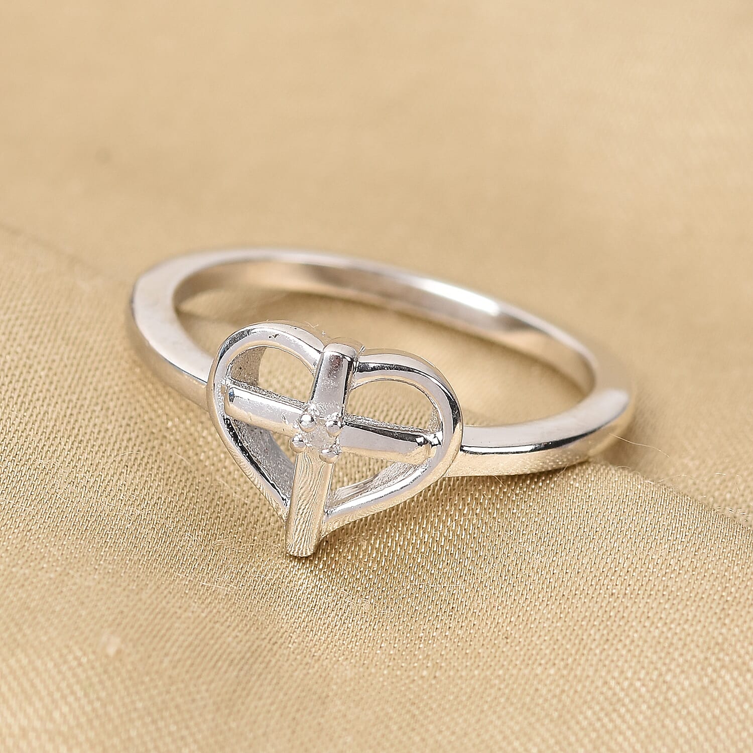 Diamond Heart with Cross Ring in Platinum Overlay Sterling Silver