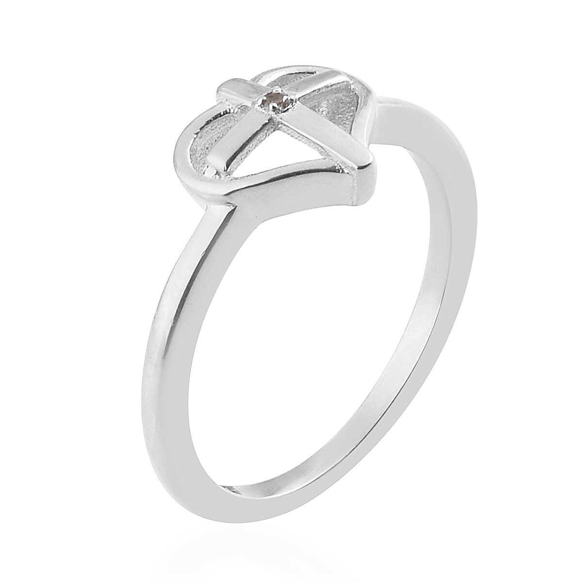 Diamond Heart with Cross Ring in Platinum Overlay Sterling Silver