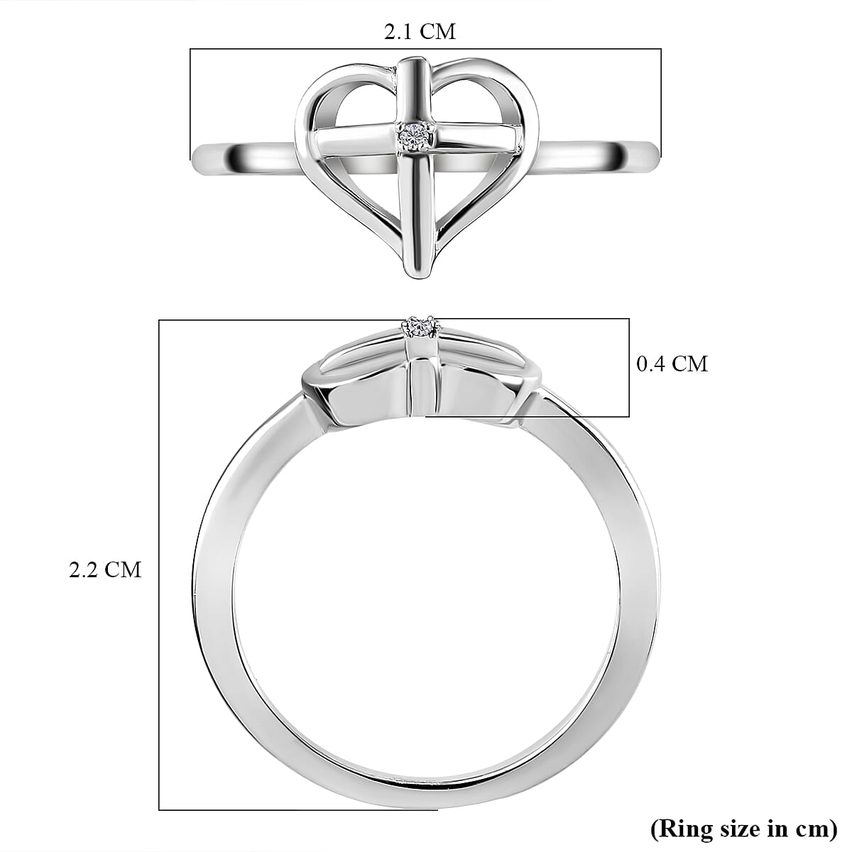 Diamond Heart with Cross Ring in Platinum Overlay Sterling Silver