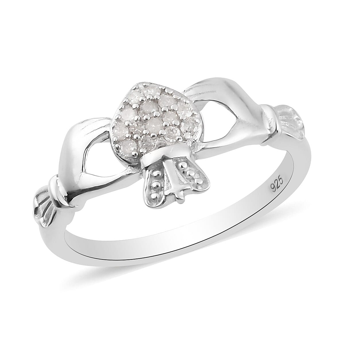 White Diamond Claddagh Ring in Platinum Overlay Sterling Silver