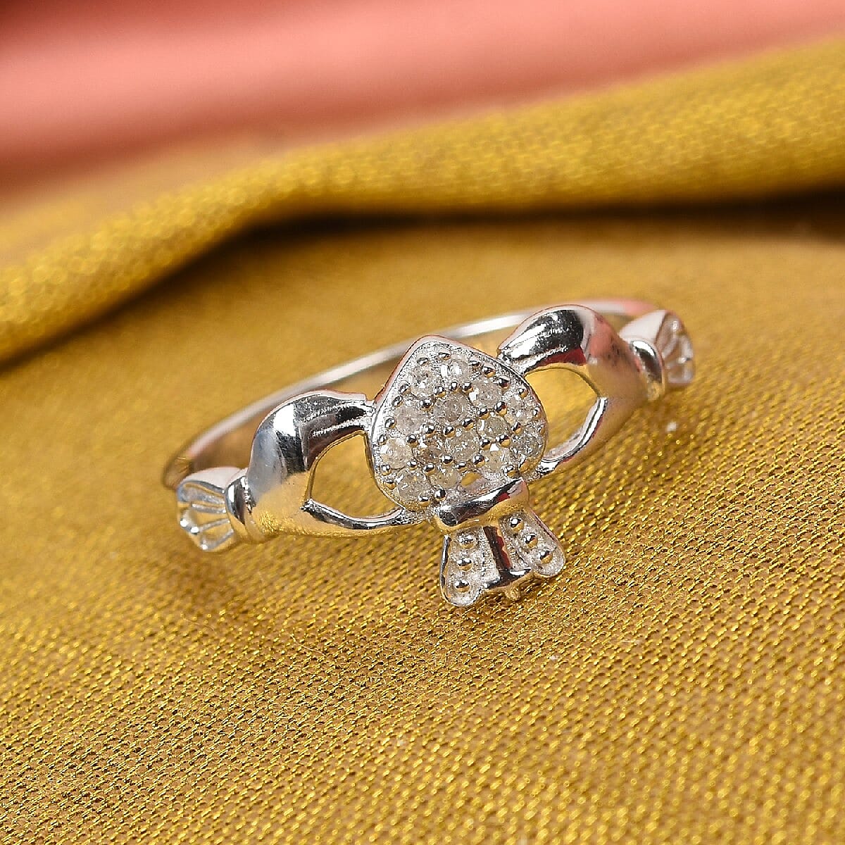 White Diamond Claddagh Ring in Platinum Overlay Sterling Silver