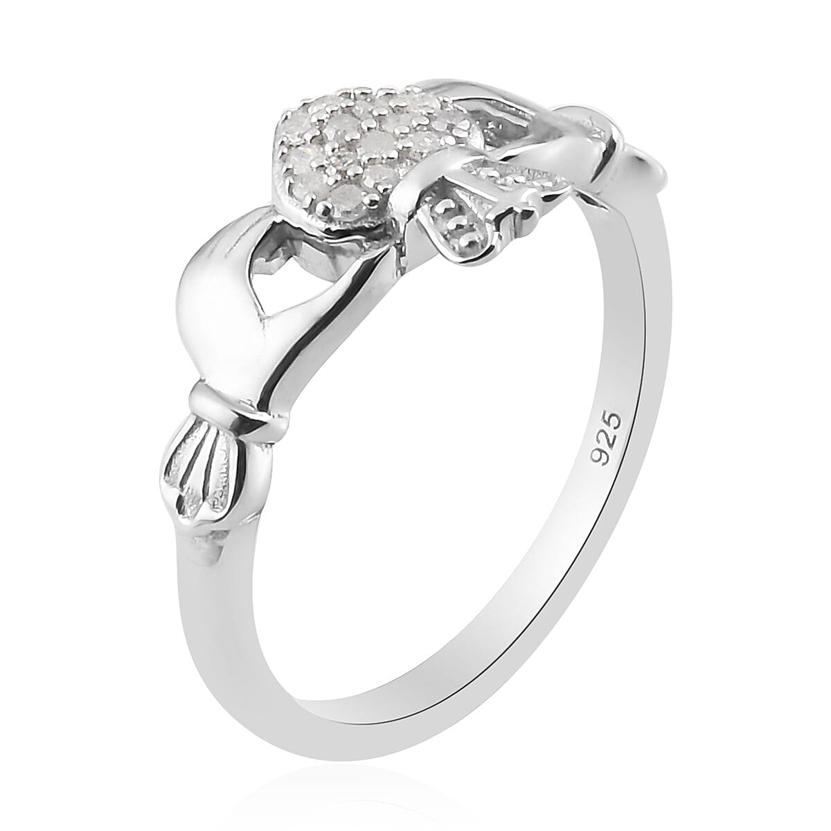 White Diamond Claddagh Ring in Platinum Overlay Sterling Silver