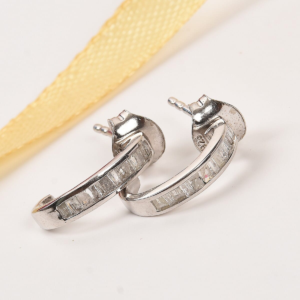 Diamond J Hoop Earrings (with Push Back) in Platinum Overlay Sterling Silver 0.25 Ct.