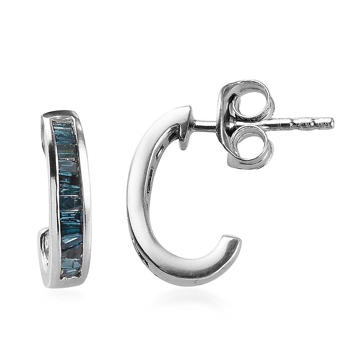 Blue Diamond J Hoop Earrings (with Push Back)  in Platinum Overlay Sterling Silver 0.250  Ct.