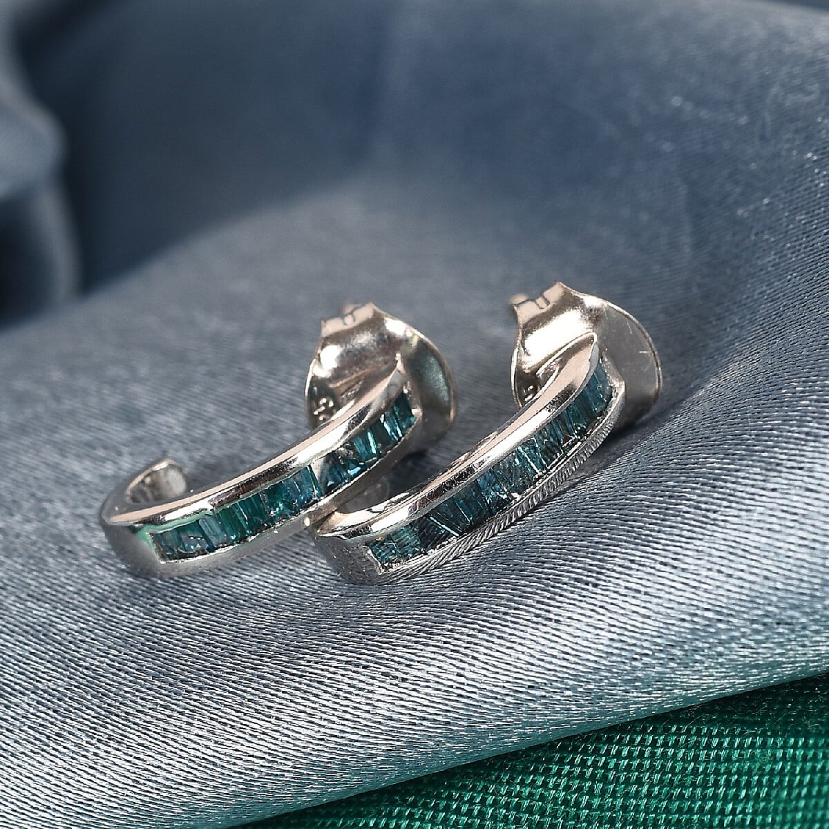 Blue Diamond J Hoop Earrings (with Push Back)  in Platinum Overlay Sterling Silver 0.250  Ct.