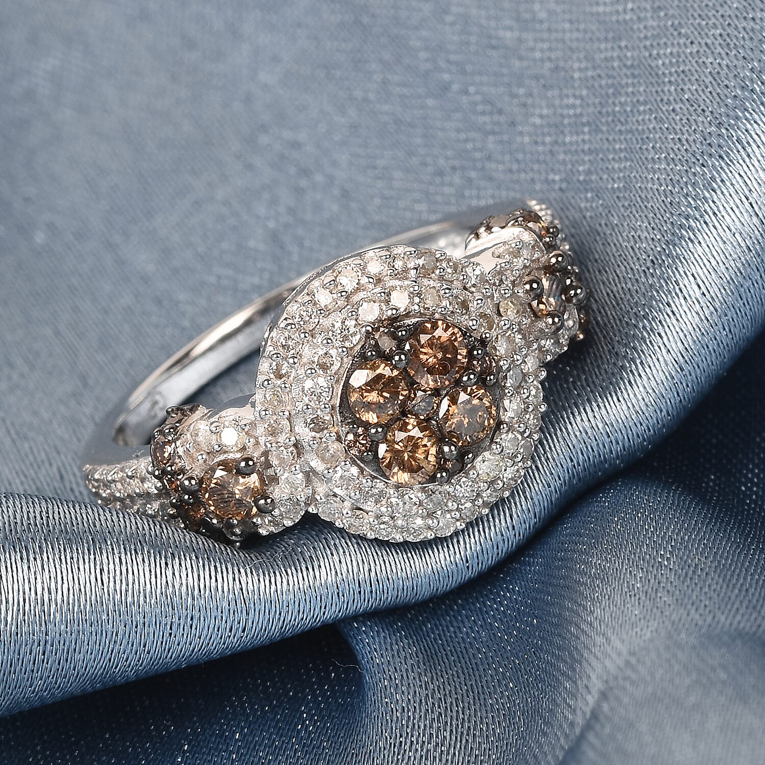 GP Champagne and White Diamond, Blue Sapphire Ring in Platinum Overlay Sterling Silver 1.02 Ct.