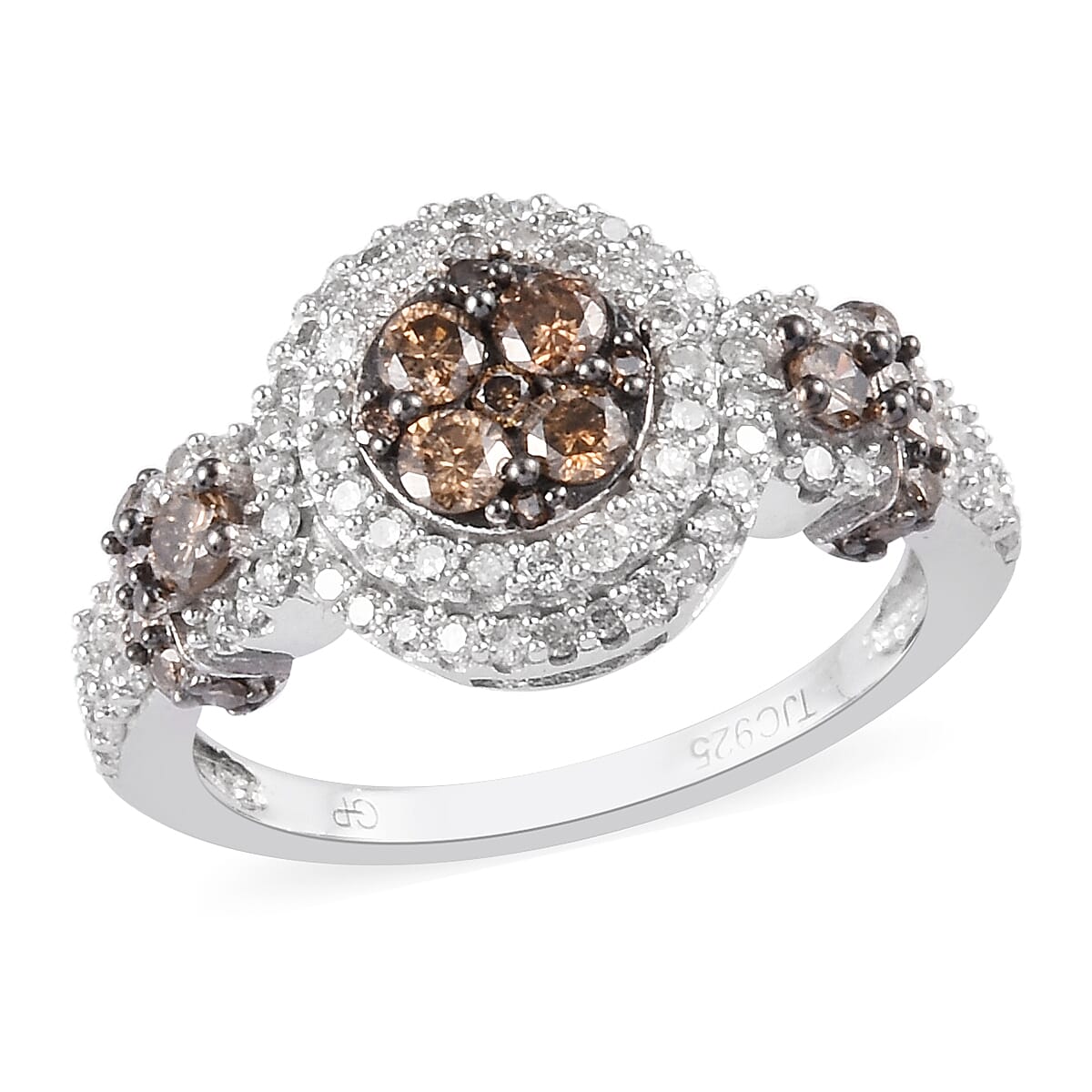 GP Champagne and White Diamond, Blue Sapphire Ring in Platinum Overlay Sterling Silver 1.02 Ct.