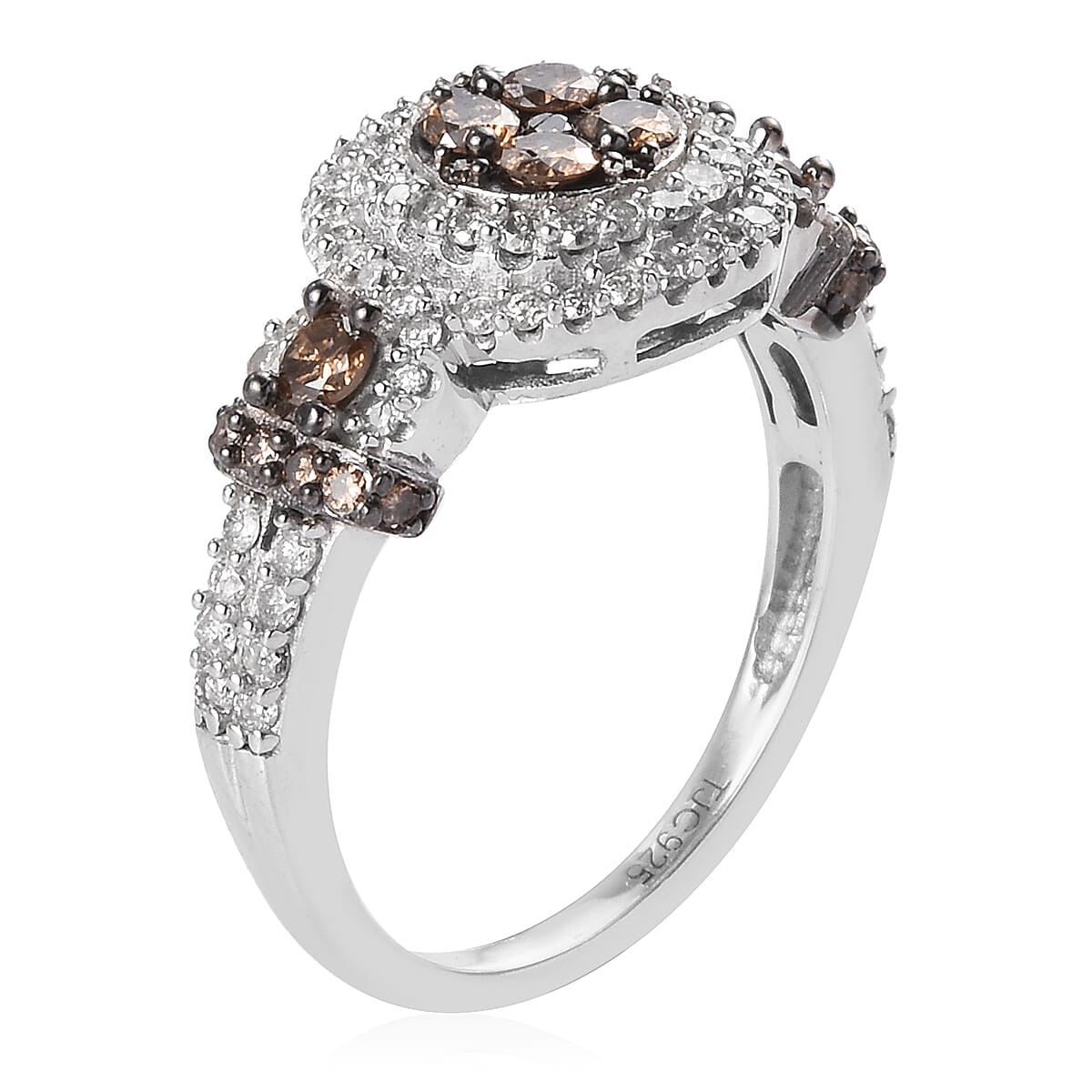 GP Champagne and White Diamond, Blue Sapphire Ring in Platinum Overlay Sterling Silver 1.02 Ct.