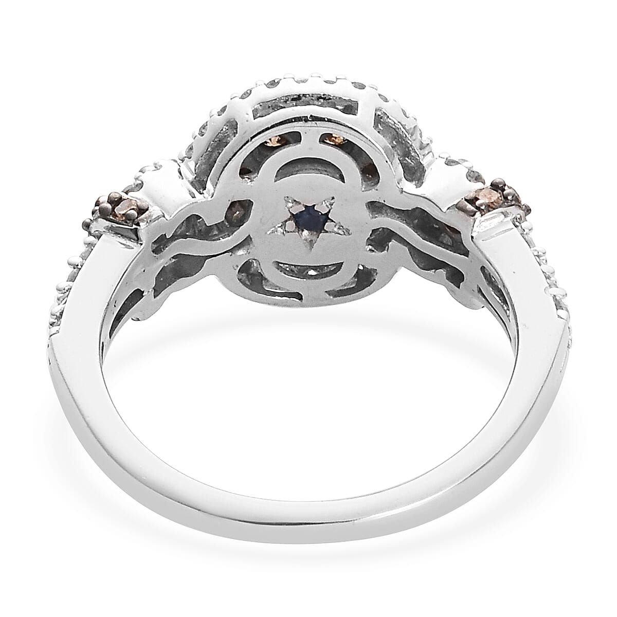 GP Champagne and White Diamond, Blue Sapphire Ring in Platinum Overlay Sterling Silver 1.02 Ct.