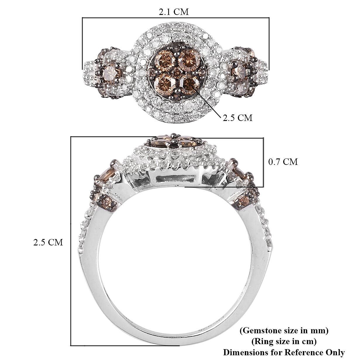 GP Champagne and White Diamond, Blue Sapphire Ring in Platinum Overlay Sterling Silver 1.02 Ct.