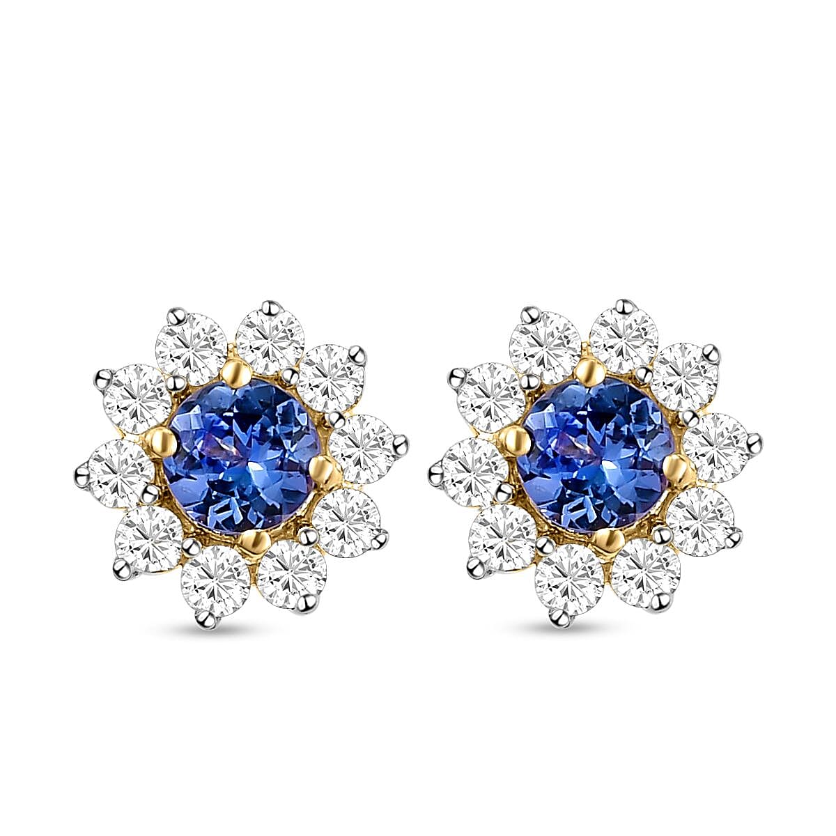 9K Yellow Gold Tanzanite and Natural Zircon Floral Stud Earrings