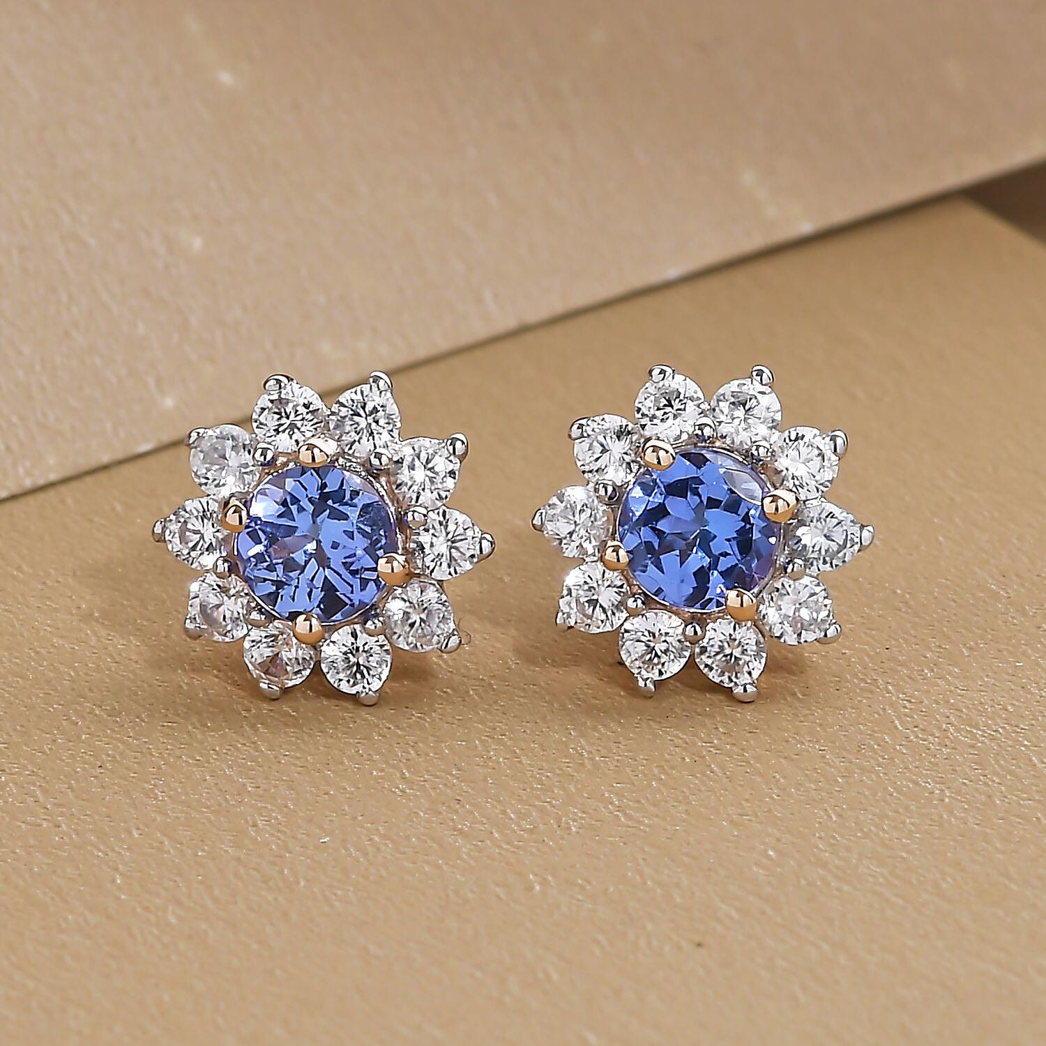 9K Yellow Gold Tanzanite and Natural Zircon Floral Stud Earrings