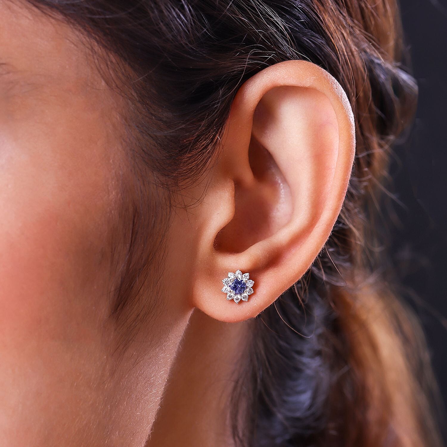 9K Yellow Gold Tanzanite and Natural Zircon Floral Stud Earrings