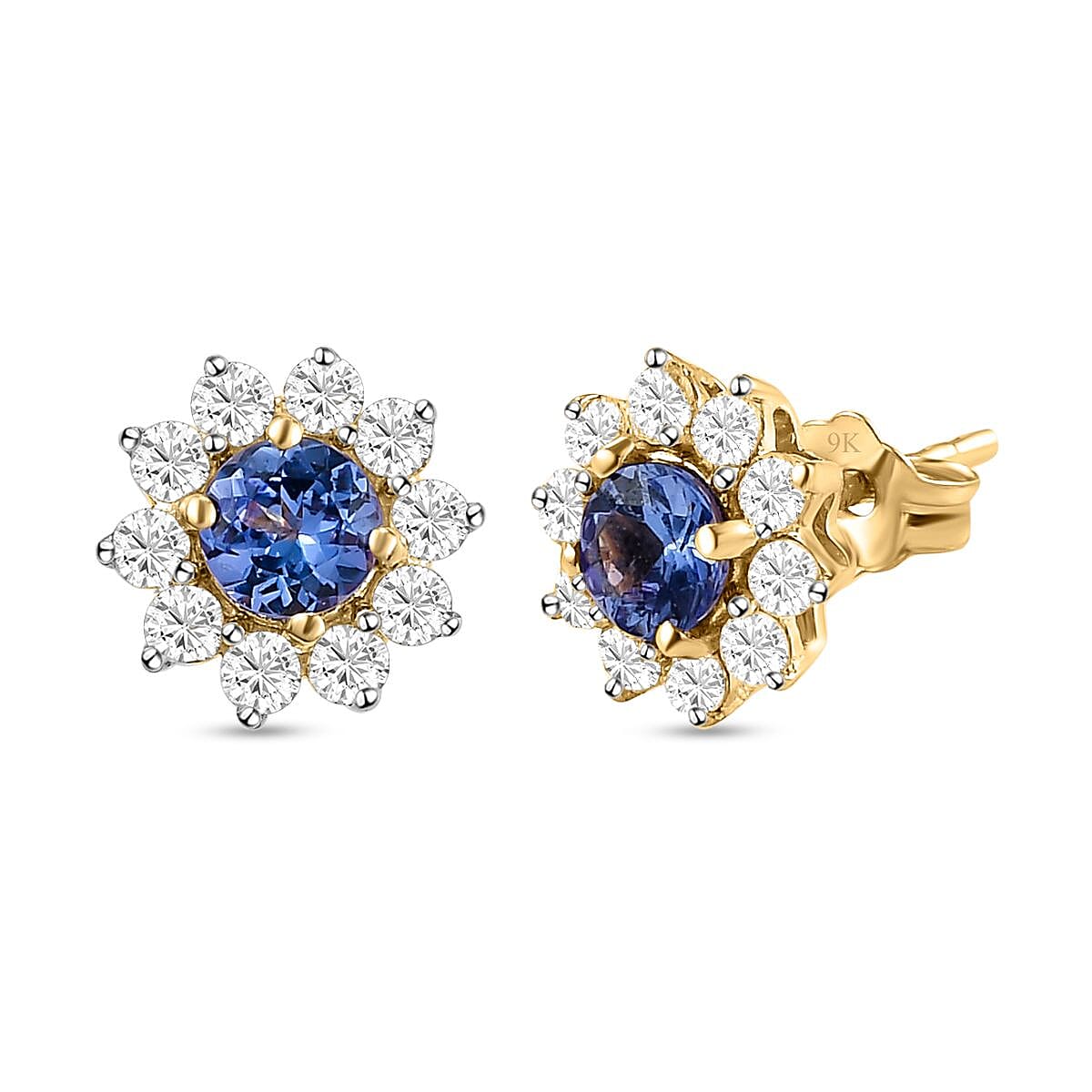 9K Yellow Gold Tanzanite and Natural Zircon Floral Stud Earrings
