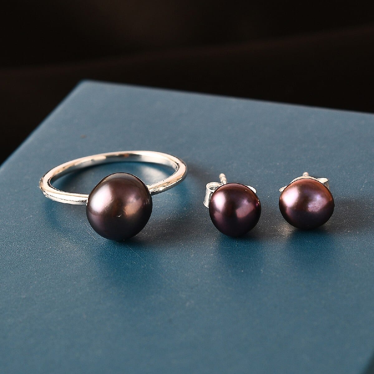OTO - 2 Piece Set -  Fresh Water Peacock Pearl Solitaire Ring and Solitaire Stud Push Post Earring  Sterling Silver 7.25 ct  7.250  Ct.