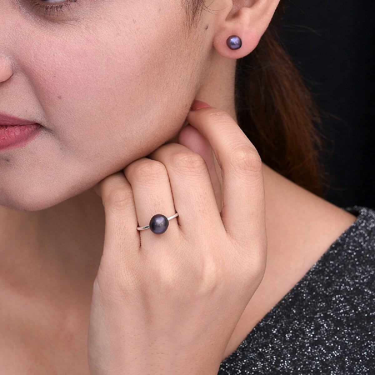 OTO - 2 Piece Set -  Fresh Water Peacock Pearl Solitaire Ring and Solitaire Stud Push Post Earring  Sterling Silver 7.25 ct  7.250  Ct.