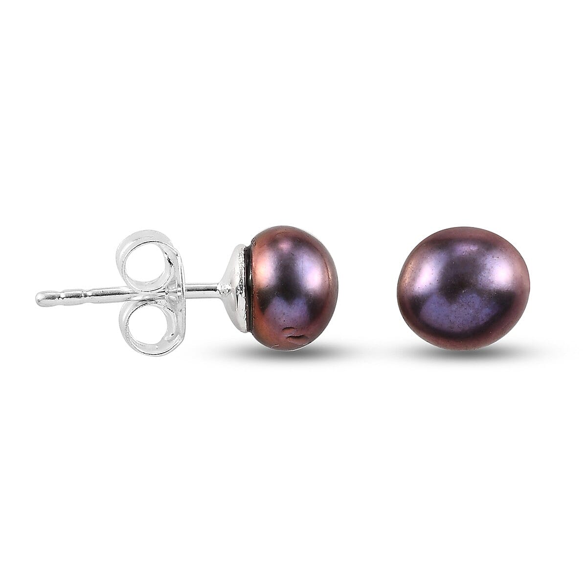 OTO - 2 Piece Set -  Fresh Water Peacock Pearl Solitaire Ring and Solitaire Stud Push Post Earring  Sterling Silver 7.25 ct  7.250  Ct.