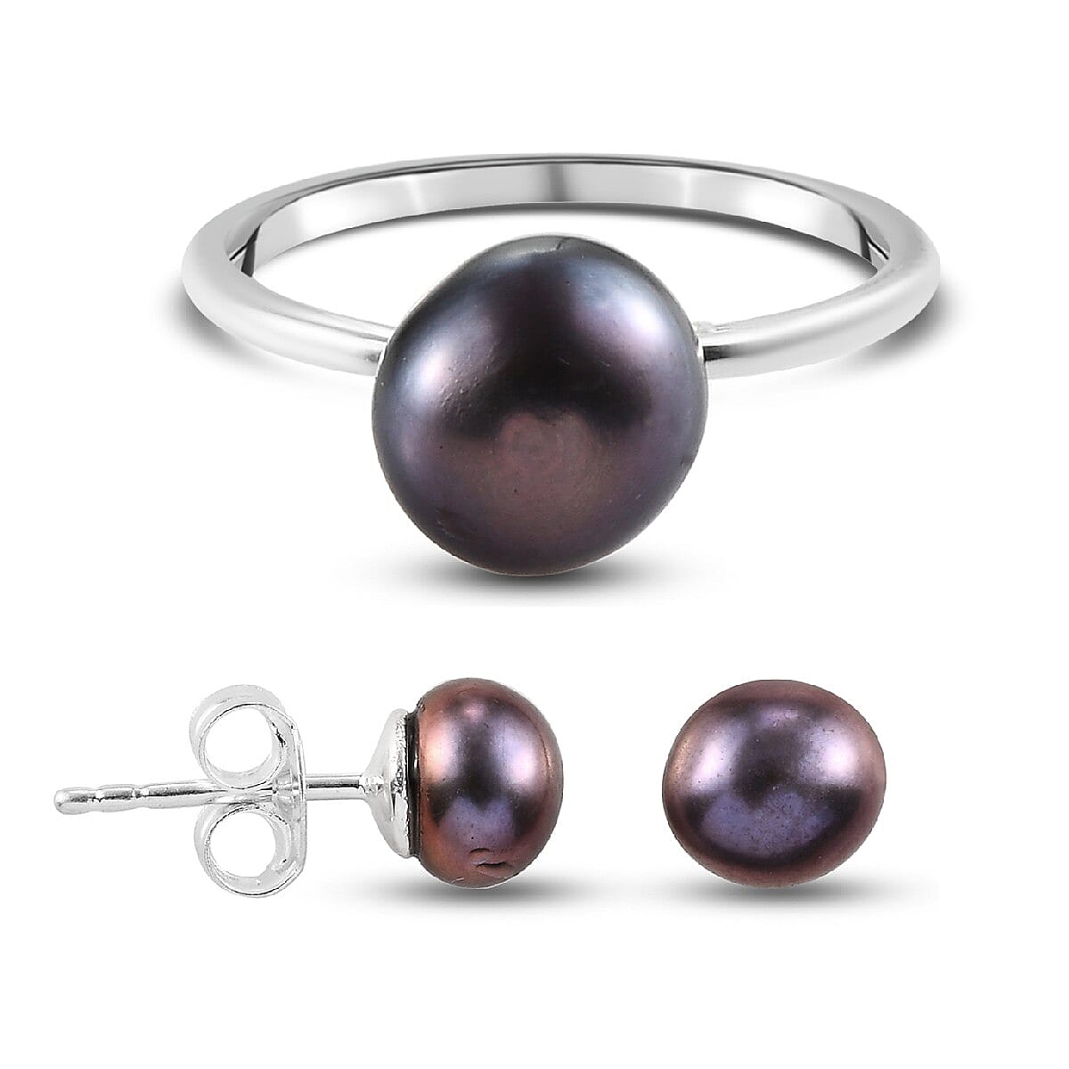 2 Piece Set - Freshwater Peacock Pearl Solitaire Ring and Solitaire Stud Earrings (with Push Back) in Sterling Silver