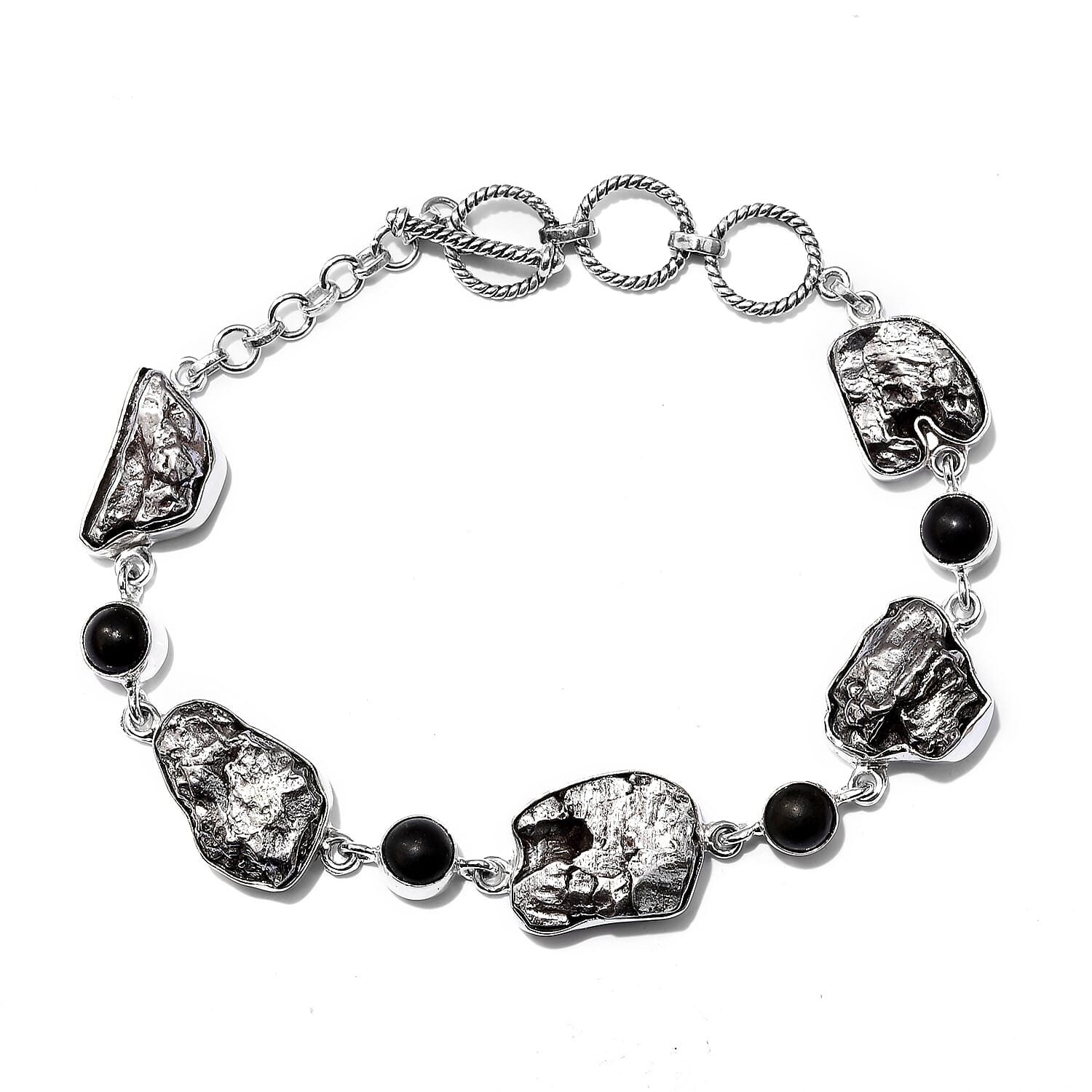 Artisan Crafted - Meteorite and Shungite Bracelet (Size 9 with T-Lock) in Sterling Silver 91.80 Ct, SIlver wt. 10.32 Gms